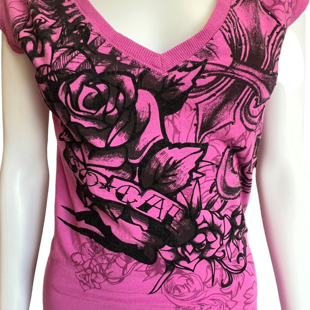 So Cal Rose Design Graphic V-Neck T-Shirt Pink Cotton/Spandex Blend Womens Sz L - Picture 3 of 7